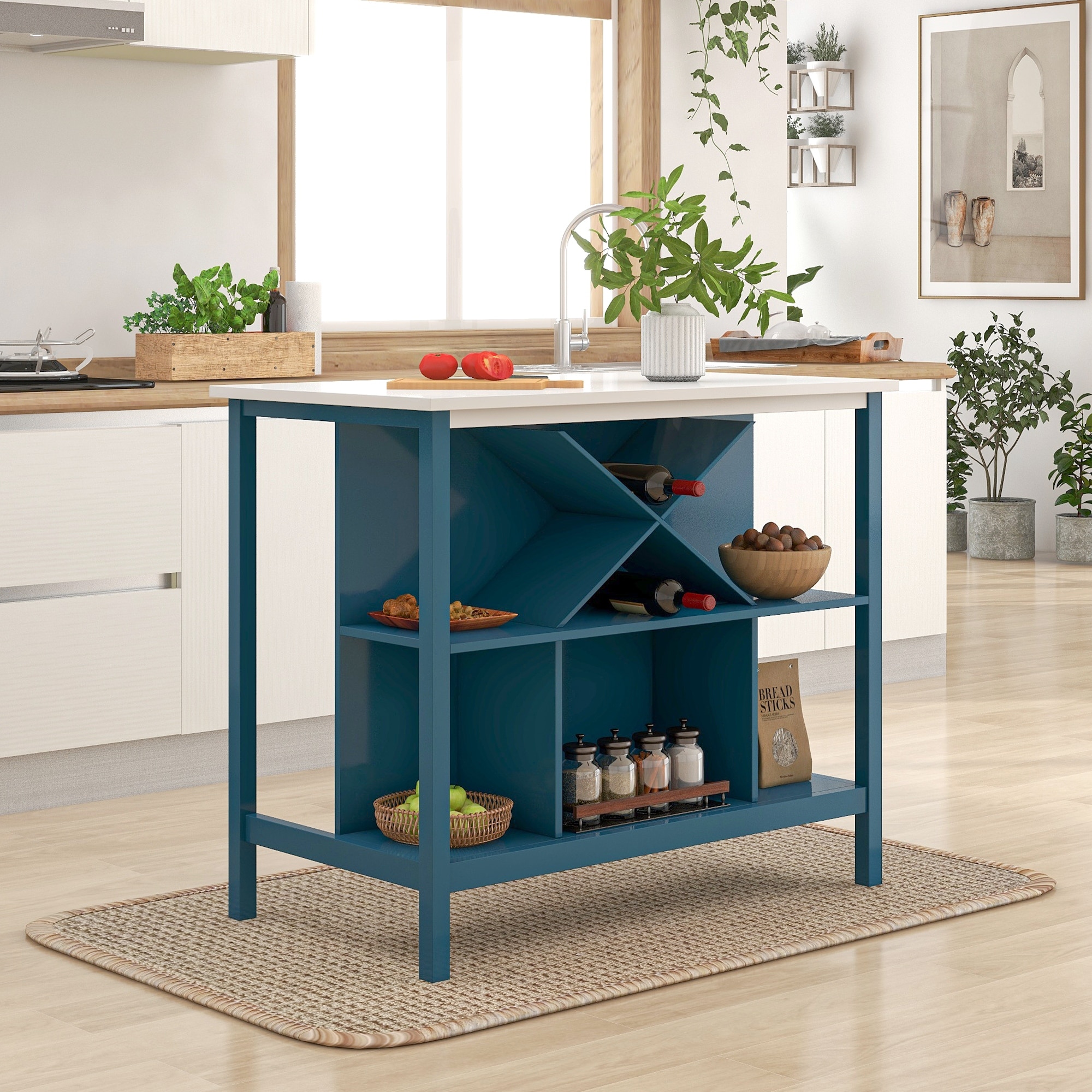 Stationary Counter Height Kitchen Island Dining Table with Shelves and Wine Rack for Small Places Blue Frame White Top